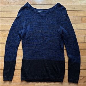 LOFT Women's Blue Black Sparkly Colorblock Crew Neck Fall Sweater Women’s Size S